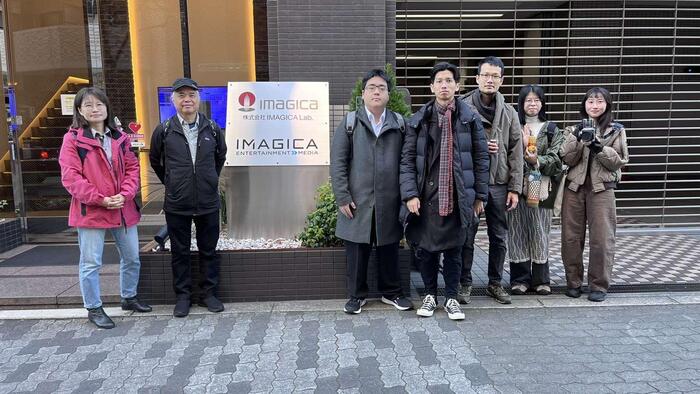 IMAGICA EMS 大阪辦公處。 左起為謝侑恩老師、王明山老師與學員們